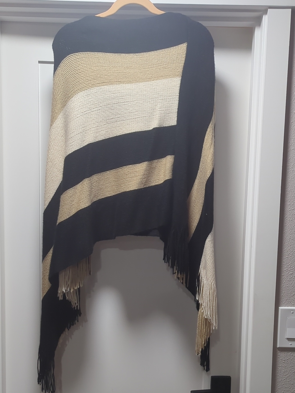 Striped Black and Cream Fringe Knit Poncho